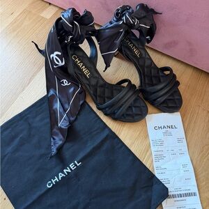 CHANEL Black Quilted Leather Sandals/slingback heels with Logo Scarf